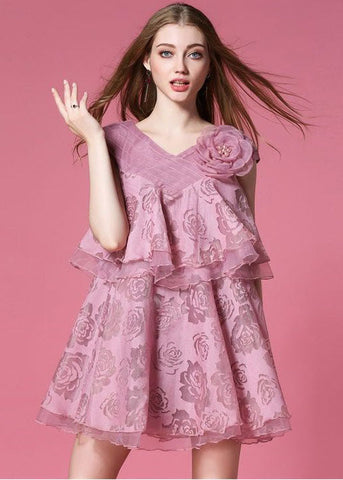 Vestido italiano rosa de organza con cuello en V y estampado floral sin mangas 