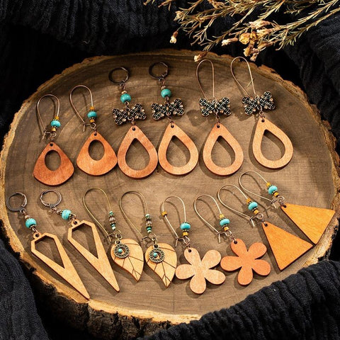 Pendientes vintage de madera con cuentas bohemias 