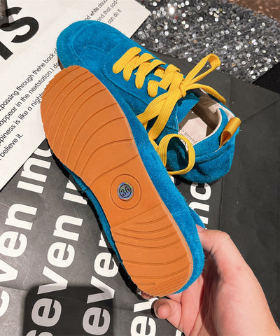 Zapatos planos de ante azul, suaves y cómodos, informales, con cordones para mujer 