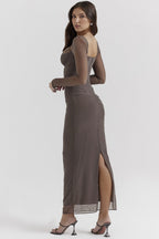 Mesh Lace Patchwork Boned Fitted High Slit Elegant Maxi Dress