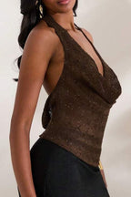 Glitter Solid Sheer Draped Halter Top