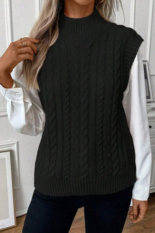 elegante chaleco de cuello alto de punto trenzado negro 