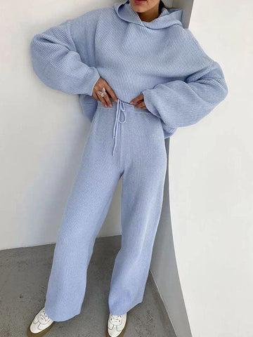 Conjunto de dos piezas de suéter holgado de color sólido con cuello redondo, capucha y mangas largas + pantalón con cordón ajustable 