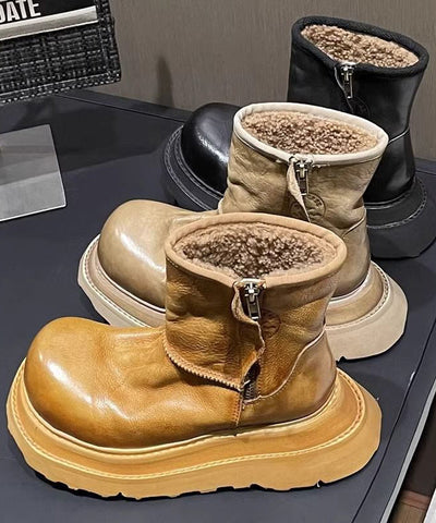 Mode Karamell Kunstleder Stiefel Fuzzy Wolle Gefüttert Spleißen Mit Reißverschluss 