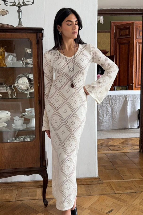 Knit Argyle Jacquard Long Sleeve Maxi Dress
