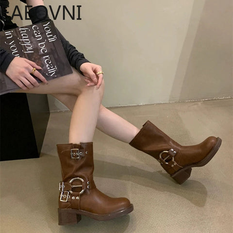 Winter Short Boots For Women Fashion Belt Buckle Biker Boots Female Elegant Square Heel Women's Knight Bootties