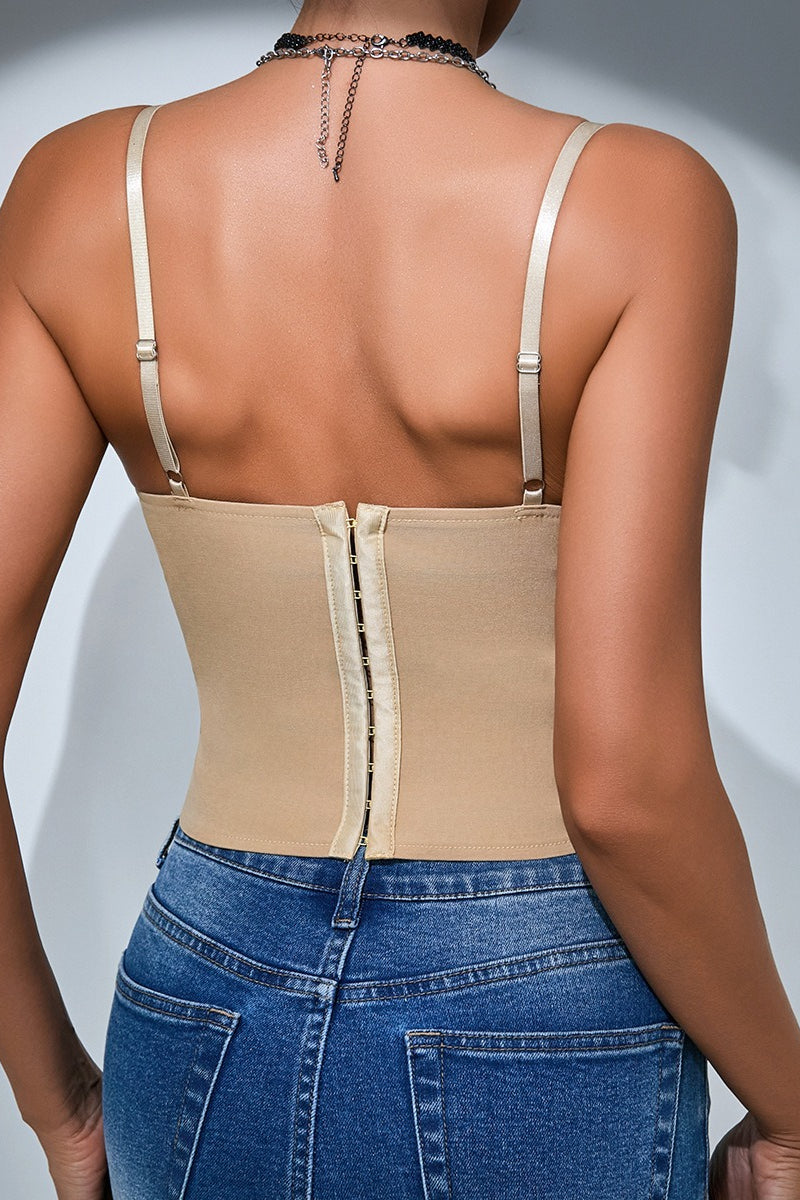 Sheer Mesh Lace Panel Padded Backless Boned Cami Top