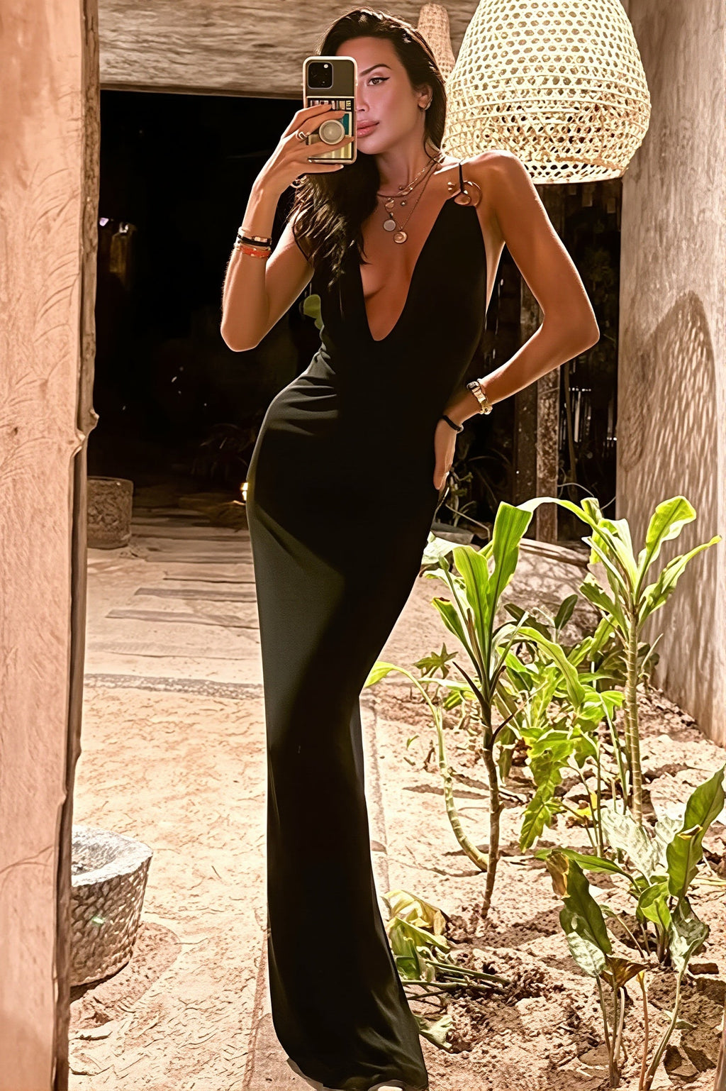 Chic Solid Deep V Cami Backless Slim Fit Maxi Dress