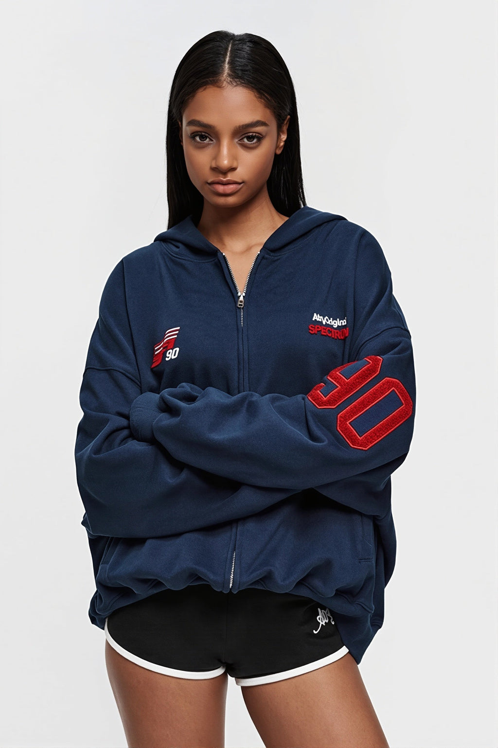 Embroidered Number Zip Up Hoodie