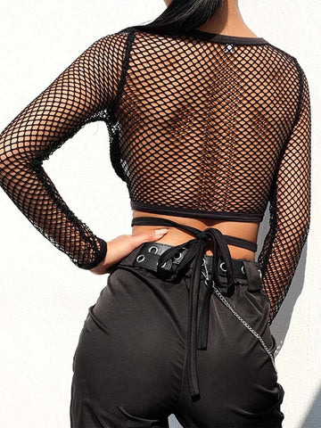 Sexy New Mesh Goth Long Sleeve T shirt Women Hollow See-through Fishnet Tops Summer Casual Shirt Streetwear Women's Clothing