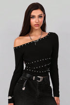 Asymmetric Shoulder Metal Stud Blouse