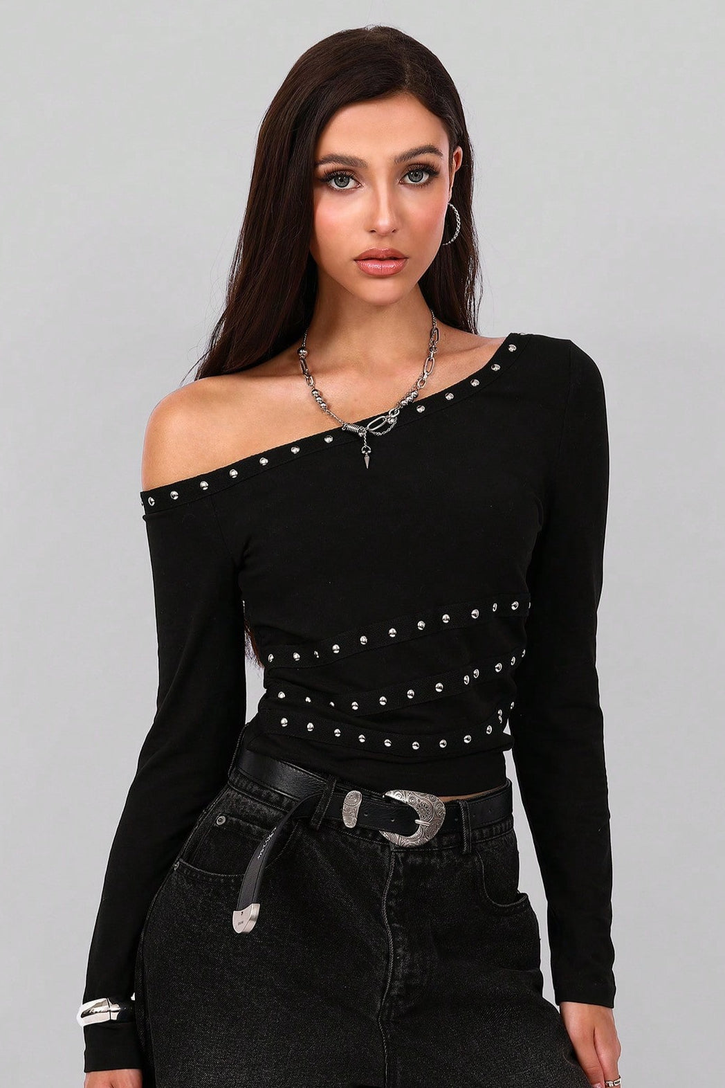 Asymmetric Shoulder Metal Stud Blouse