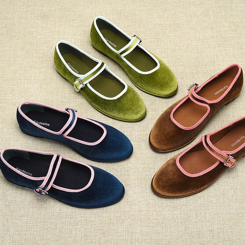 Zapatos planos estilo español con punta redonda para mujer, de terciopelo, Mary Jane, color verde, azul y marrón. 