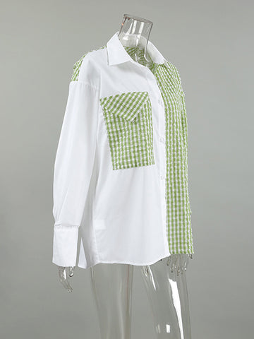 Long Sleeves Loose Buttoned Contrast Color Plaid Pockets Split-Joint Lapel Blouses&Shirts Tops