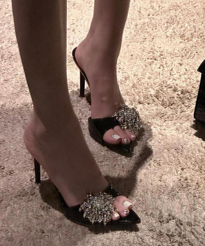Schwarze Stiletto-Sandalen aus Kunstleder mit Zirkonia 