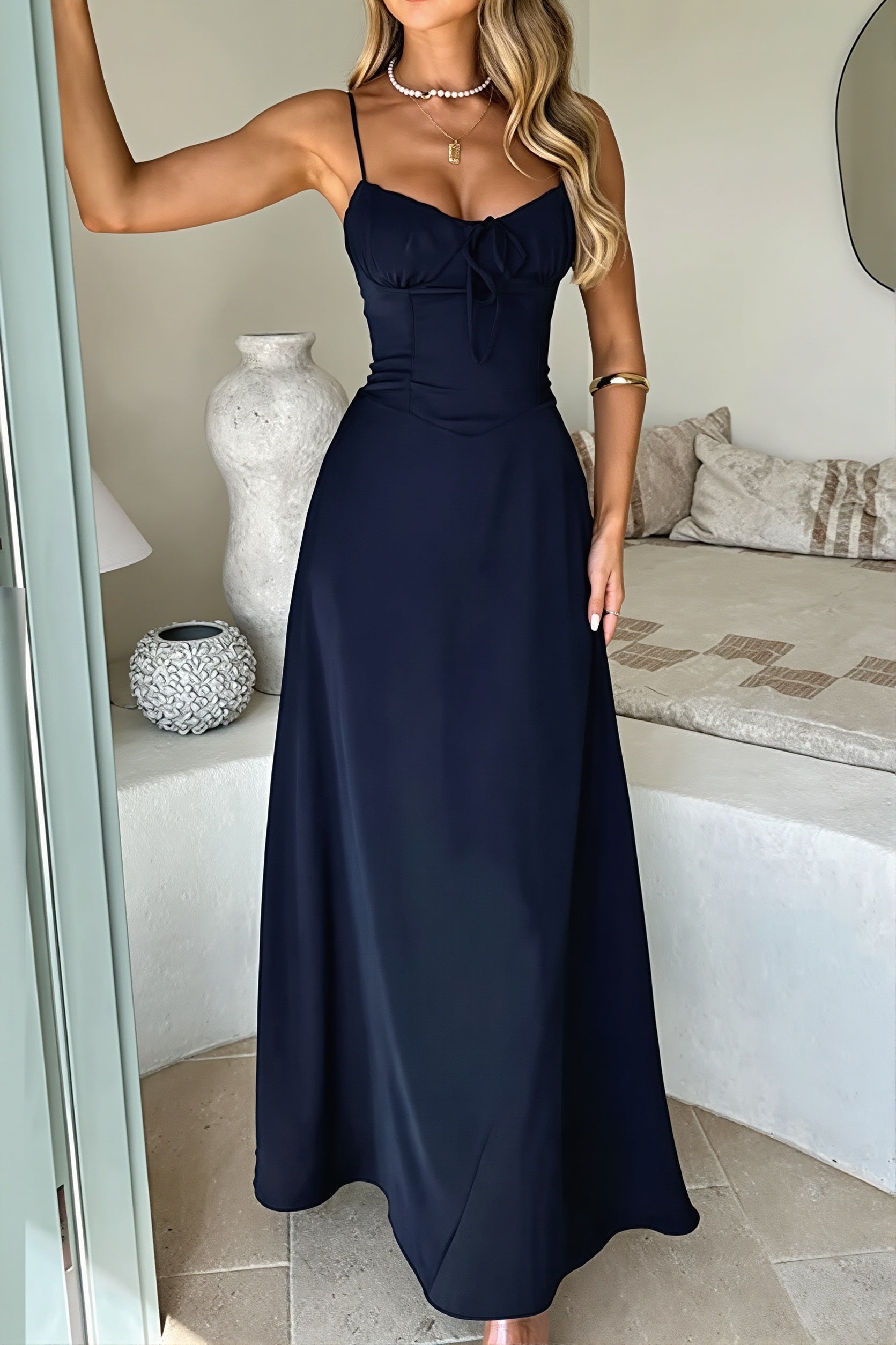 Elegant Solid Tie Bodycon Maxi Dress