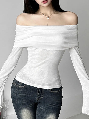 Camisetas de moda sencillas con estética Y2k para mujer, camisetas casuales lisas de manga larga con cuello oblicuo, camisetas vintage con hombros descubiertos y tendencia. 