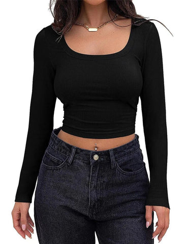 Women's Long Sleeve Square Neck Crop Top Ribbed Slim Fitted Y2K Casual T-Shirt Tops