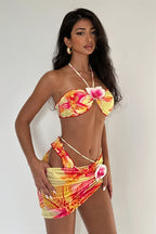 Print Halter Backless Bikini Set Three Piece Swim Sets