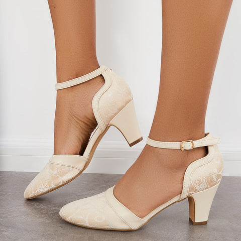 Closed Toe Block Heel Lace Satin Pumps Ankle Strap Wedding Shoes
