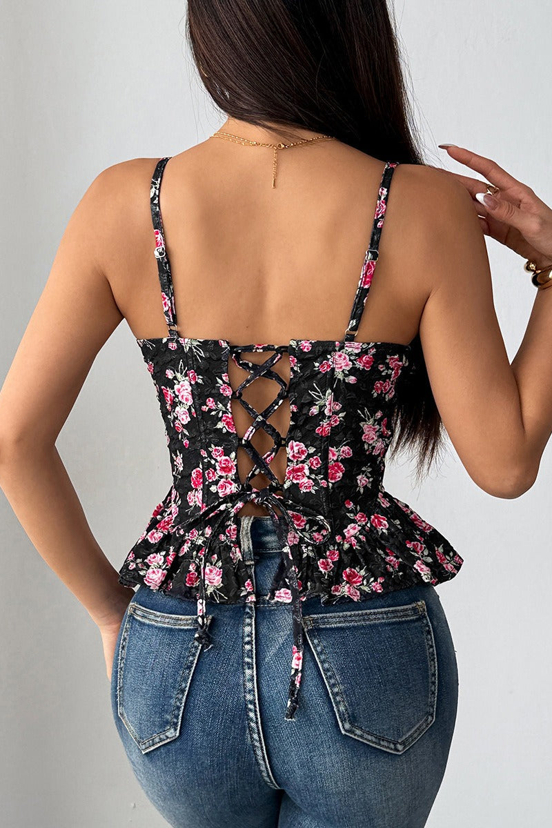 Floral Irregular Ruffle Tie Cami Top