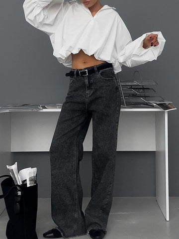 Loose Puff Sleeves Asymmetric Solid Color Split-Joint Lapel Blouses&Shirts Tops