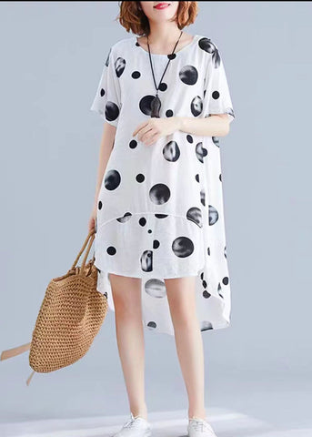 Hermosos vestidos de mezcla de algodón con lunares blancos Para obtener vestidos de verano tipo túnica con cuello alto en mezcla de algodón 