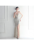 Fashion red carpet formal settings bead chain suspender long evening dress