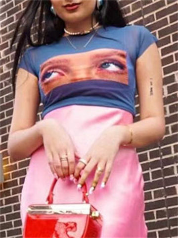 TARUXY Camisetas estampadas con ojos divertidos, tops cortos de malla estética de los años 2000, ropa grunge, camisetas gráficas vintage Harajuku, ropa urbana Y2K 