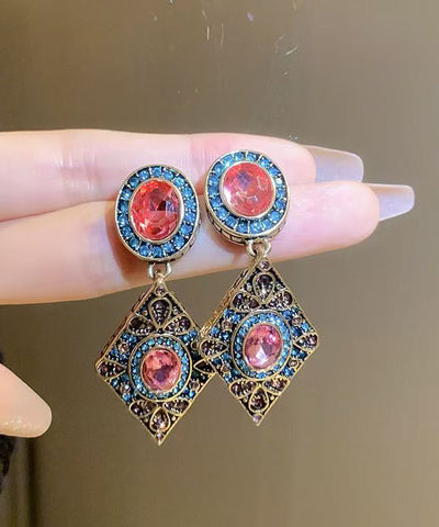 Vintage Blue Alloy Zircon Crystal Diamond Shaped Drop Earrings