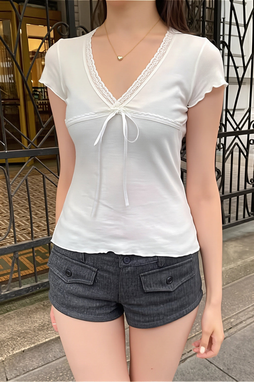 Solid Casual Lace Trim Tie T-Shirt