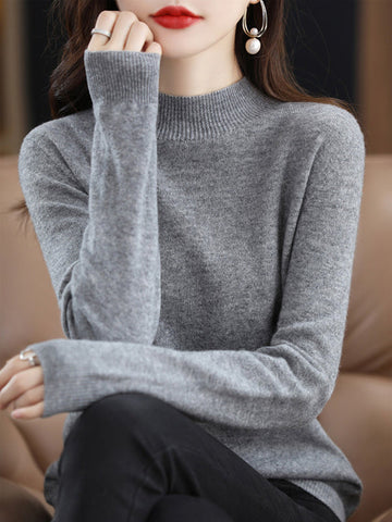 Casual Long Sleeves Solid Color Half Turtleneck Sweater Tops