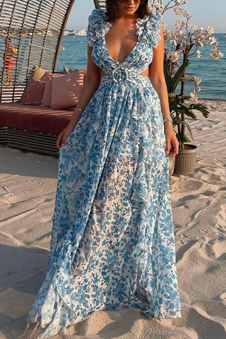 Meridress Deep V Neck Slit Ruffle Trim Floral Maxi Vacation Dress