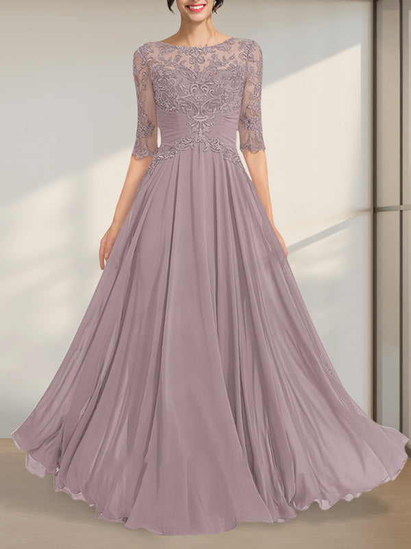 A-Linien-Kleid mit Illusion-Ausschnitt, bodenlang, aus Chiffon und Spitze, mit plissierten Pailletten und V-Ausschnitt für die Mutter der Braut