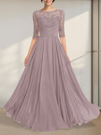 A-Linien-Kleid mit Illusion-Ausschnitt, bodenlang, aus Chiffon und Spitze, mit plissierten Pailletten und V-Ausschnitt für die Mutter der Braut