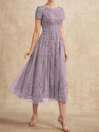A-Linien-Kleid aus Tüllspitze mit Rundhalsausschnitt und Teelänge für die Mutter der Braut 
