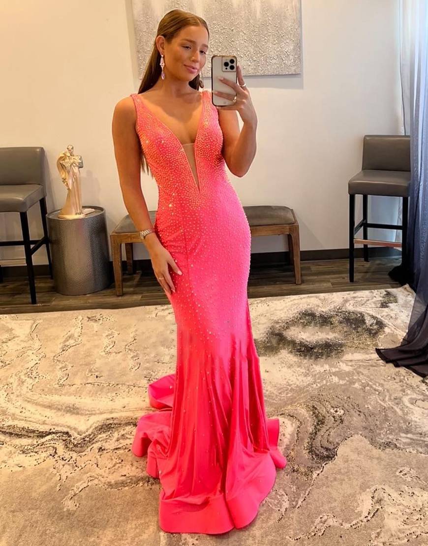 Meerjungfrauen-Abendkleid mit V-Ausschnitt und Perlenbesatz