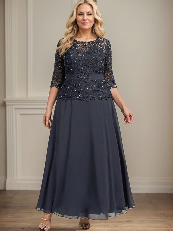 A-Linien-Kleid mit U-Boot-Ausschnitt, Illusion-Detail, knöchellang, aus Chiffon und Spitze mit Strassperlen für die Mutter der Braut. 