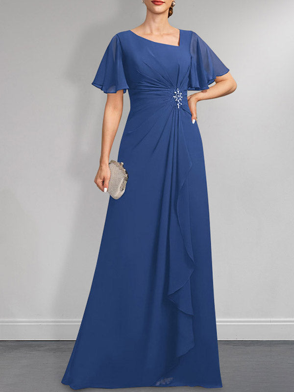 A-Linien-Kleid aus Chiffon in Bodenlänge mit asymmetrischem Schnitt, plissiert und mit Pailletten und Perlenstickerei