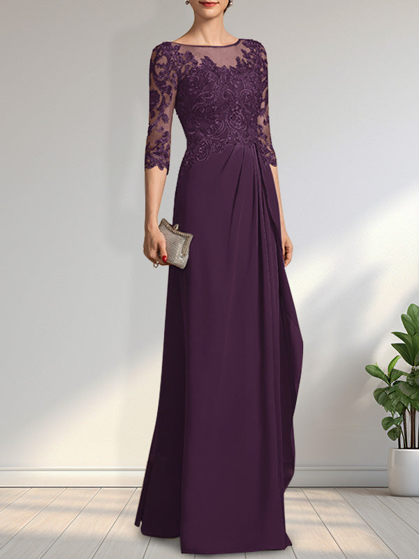 A-Linien-Kleid mit U-Boot-Ausschnitt, Illusion-Effekt, bodenlang, aus Chiffon und Spitze, mit Perlen, Pailletten und kaskadenartigen Rüschen – perfekt für die Mutter der Braut.