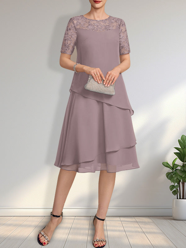 A-Linien-Kleid mit Rundhalsausschnitt, Illusion-Effekt, knielang, aus Spitze und Chiffon mit Pailletten für die Mutter der Braut