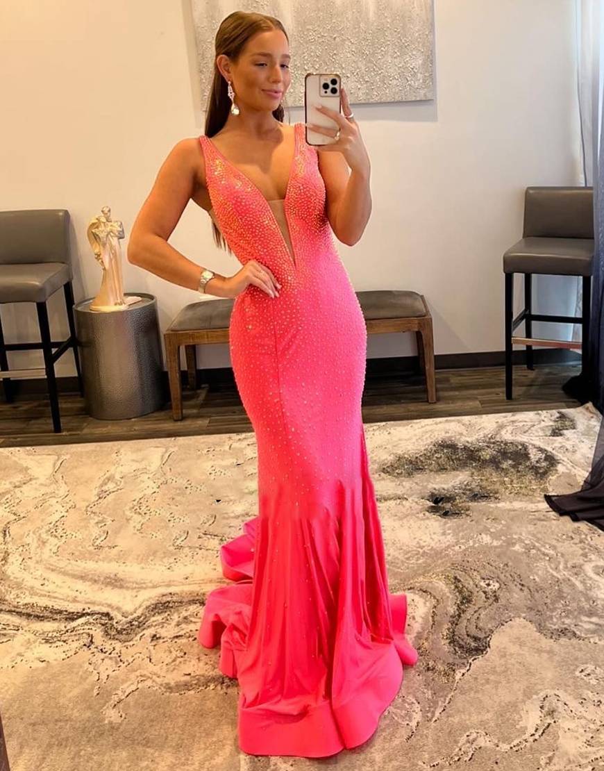 Meerjungfrauen-Abendkleid mit V-Ausschnitt und Perlenbesatz