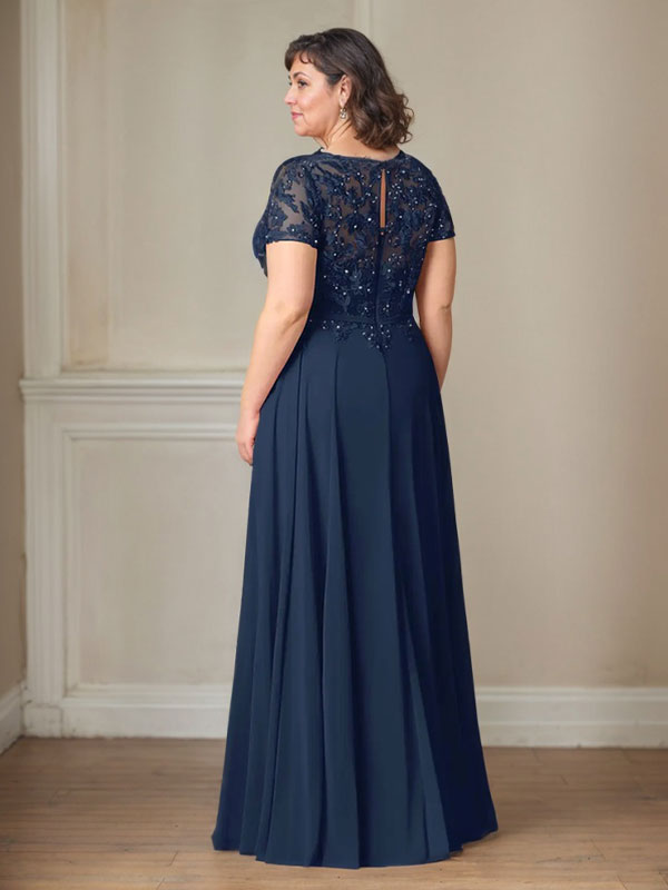 Dunkelblaues A-Linien-Pailletten-Chiffonkleid mit U-Boot-Ausschnitt 