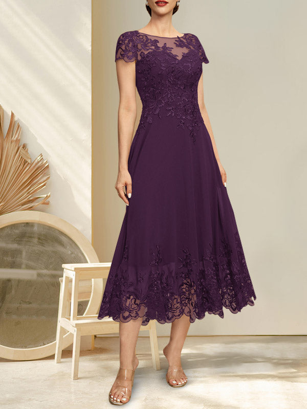 A-Linien-Kleid mit Illusion-Ausschnitt, Rundhalsausschnitt, Teelänge, Spitze und Chiffon, mit Pailletten, für die Mutter der Braut