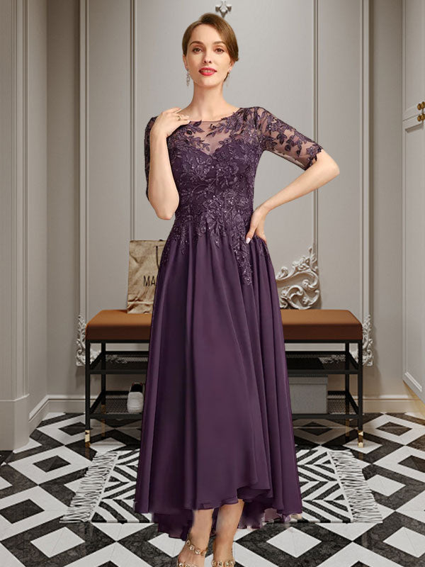 Vestido de madre de la novia de gasa asimétrica con encaje, ilusión, corte A y lentejuelas 