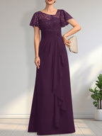 A-Linien-Kleid aus asymmetrischem Chiffon mit Illusion-Effekt, bodenlang, mit Kaskadenrüschen und Pailletten für die Mutter der Braut 
