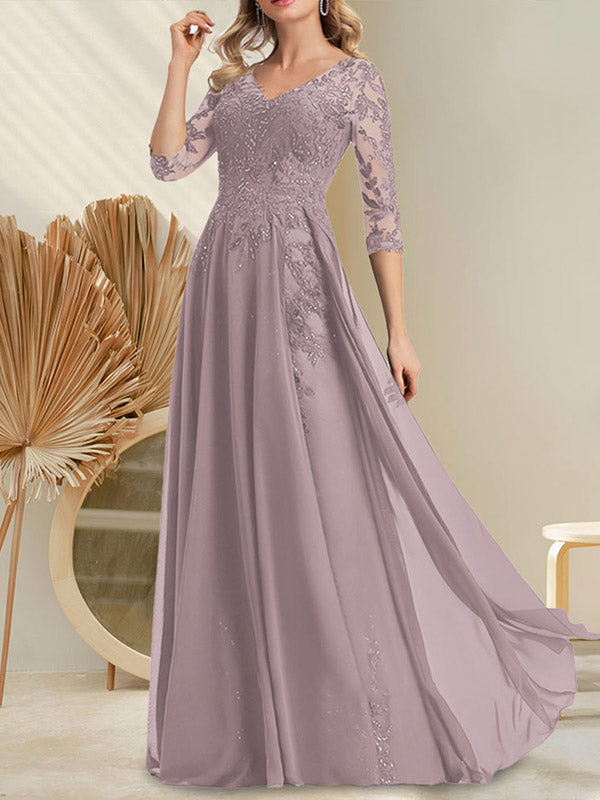 Vestido de gasa con encaje y lentejuelas para madre de la novia, corte A, escote en V y largo hasta el suelo
