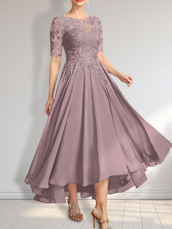 Vestido de madre de la novia de gasa asimétrica con encaje, ilusión, corte A y lentejuelas 