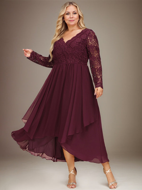 A-Linien-Kleid aus Chiffon mit V-Ausschnitt und asymmetrischer Spitze für die Mutter der Braut