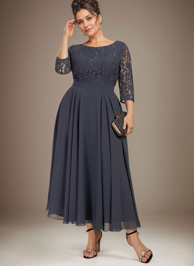 A-Linien-Kleid mit Rundhalsausschnitt, Teelänge, Spitze, Chiffon, Pailletten, für die Mutter der Braut